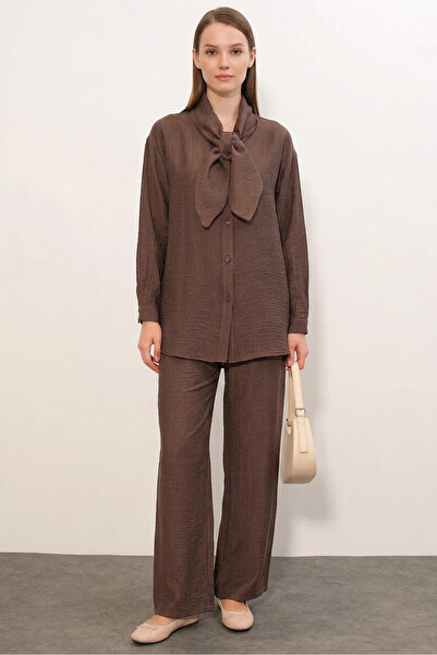 buğrahayalin Women's Brown Suit with Scarf Detail