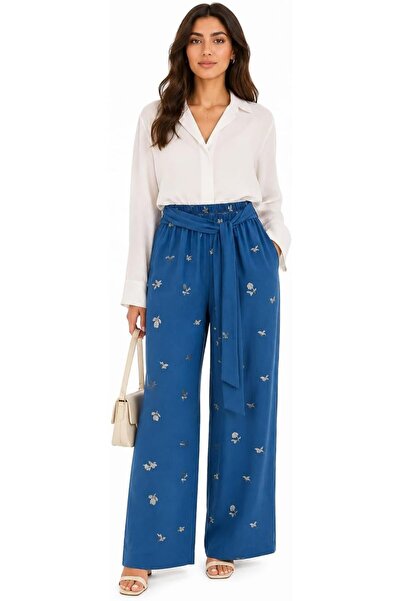 CHEVALIER FASHION Women’s Wide Leg Embroidered Pants with Waist Tie – Blue