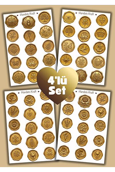 Handeto Kraft 4'lü Mum Mühür Görünümlü Gold Desen Sticker Seti Bullet Journal...