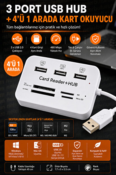 nelerbulurum Tüm Cihazlara Uyumlu 4'ü 1 Arada KART OKUYUCU + 3 PORT USB ÇOKLA...