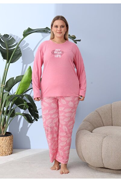 lindros Women's big size dark pink pajamas, My Best Life print, 100% cotton