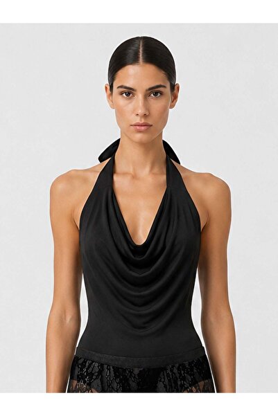 RİVUS Backless Curved Drape Detailed Bodysuit with Snap Buttons at the Bottom...