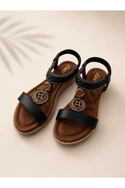 Mergenshoes Akç A23 Siyah Günlük Taşlı Kadın Sandalet Ayakkabı