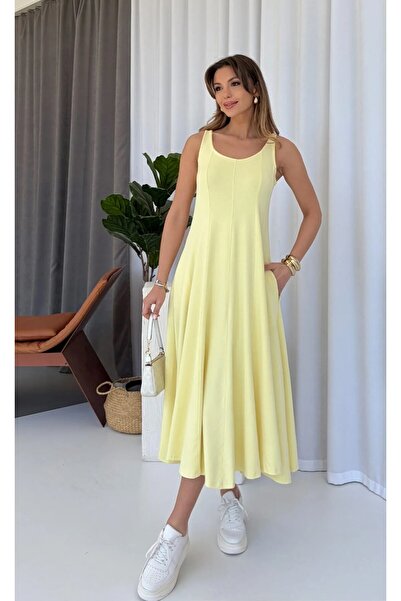 MODA Soft Sarı Modal Kumaş Parçalı Kalın Askılı Midi Boy Elbise