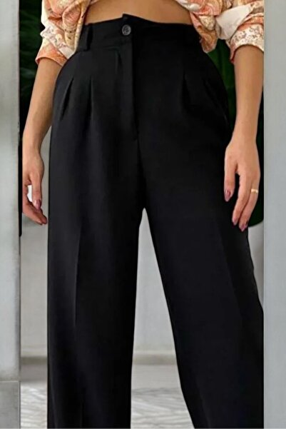 Livik Široke crne plisirane pantalone od tkanine, opuštenog kroja