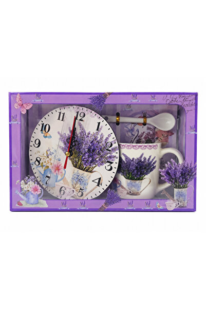 OEM Lavender Themed Gift Top Bottom Set : Ceramic Mug, Wall Clock and Teaspoon