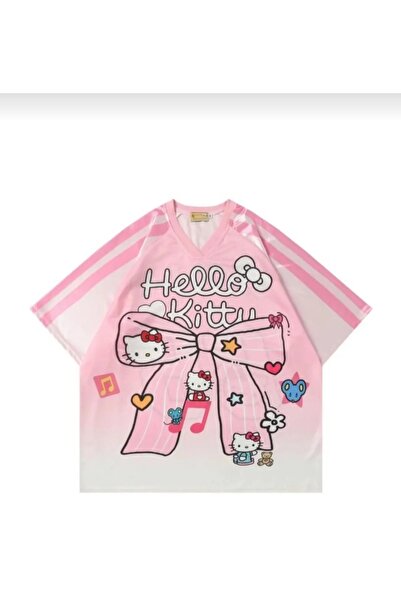eyonnwear Tricou din jerseu cu decolteu în V, cu imprimeu Hello Kitty, în sti...