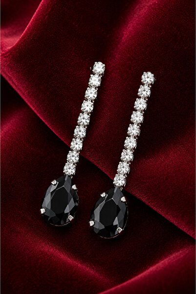 Sylvera Shop Damla Black Stone Dangle Evening Dress Stylish Earrings (Silver ...