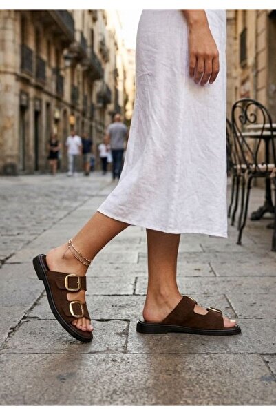 GNY AYAKKABI Brown Suede Double-Strapped Accessory Belt Design Daily Comfort ...