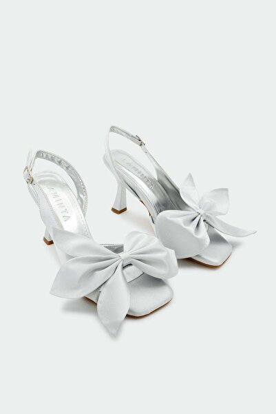 LamintaGlobal Molina Bow Detailed Women's Gray Satin Heeled Shoes