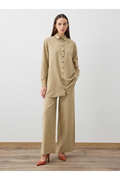 Refka Shirt & Trousers Linen Fabric Two-Piece Set - Dark Beige -
