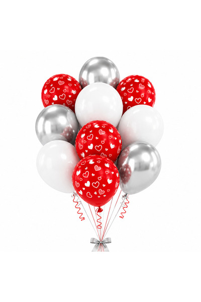 Ropet Top Bottom Set of 10 Red, White and Silver Latex Balloons, With Hearts,...