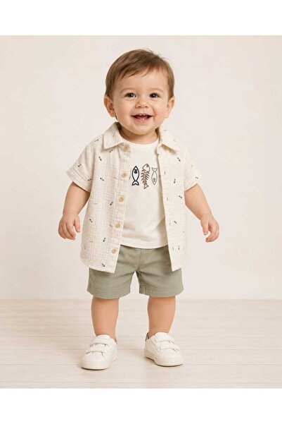 kidsense Baby Boy Muslin Fish Patterned Shirt and Shorts 3-Piece Set