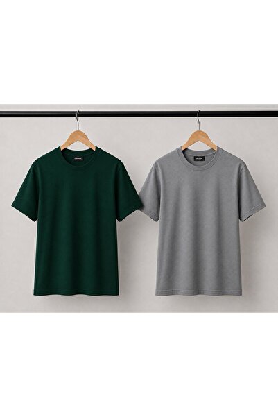 Kuraff Giyim Unisex Basic 2-Piece Cotton Solid Color T-Shirt