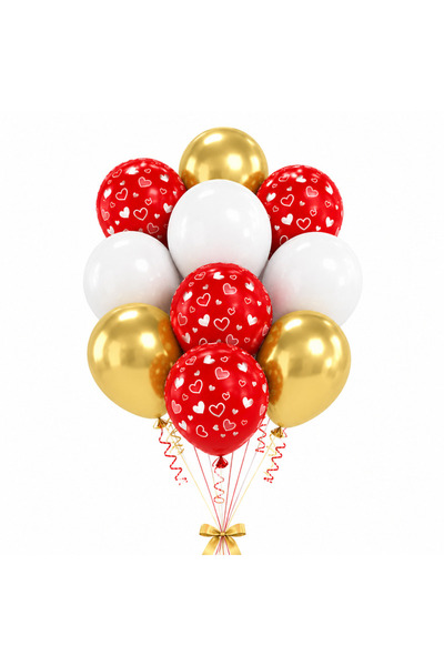 Ropet Top Bottom Set of 10 Red, White and Gold Latex Balloons, With Hearts, 3...
