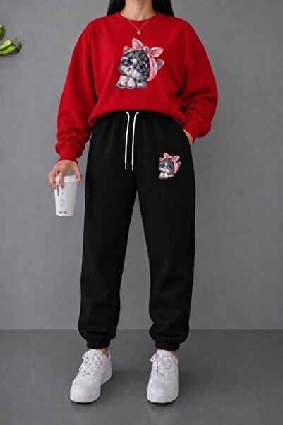 FAEL LİFE Unisex Wide Cut Zero Neck and Sweatpants Cat Print Set