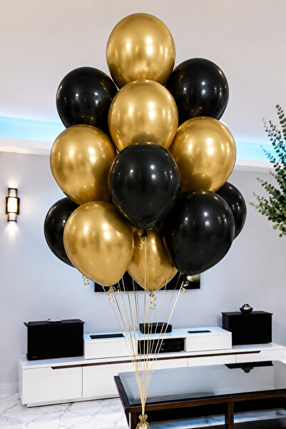 BALON DİYARI 10 Pieces Metallic Gold Black Balloon Bouquet – Helium Compatibl...