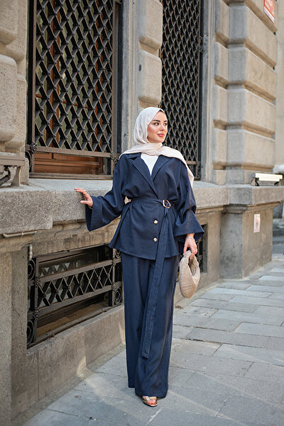 LOCCO Women's Gold Button Detail Elastic Waist Pants Suit Navy Blue
