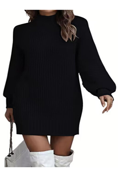 Elfin Women's Knit Dress Turtleneck Long Sleeve Puff Sleeves – Black S