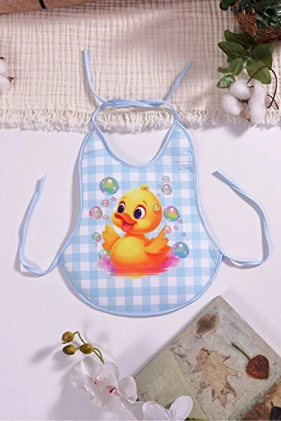 Babydonat Ekose Mavi Civciv Desenli Sıvı Geçirmez Armut Önlük Boyundan ve Bel...