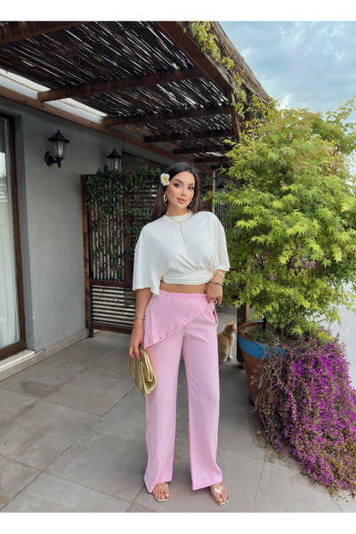 mekabutik Pembe Beli Fularlı Tailored Fit Tensel Pantolon