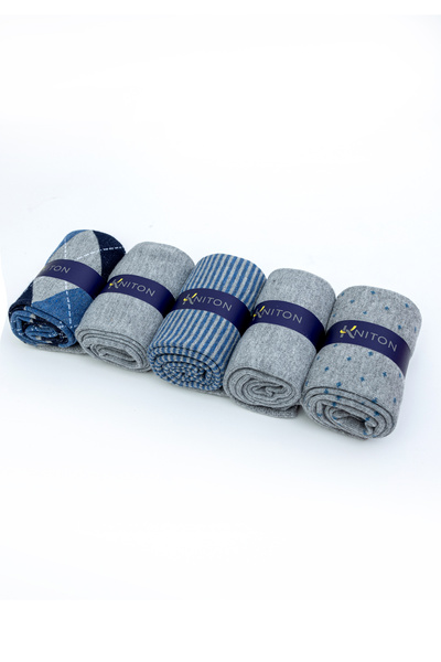 KNITON Dikişsiz Bambu Çorap Jakarlı Mavi Gri Renk Desenli Erkek Çorap Kutulu 5 Çift Premium Uzun Soket Mix Çorap Bambu
