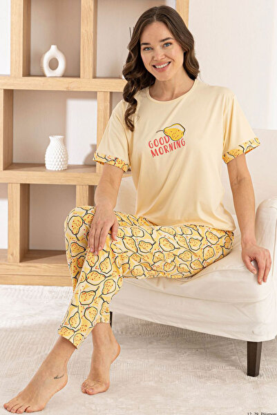 Pijamoni Bambu Milan Kumaş Sarı Renkli Kısa Kollu Kadın Pijama Takımı