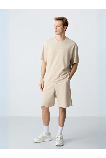 diğer1234 Μπεζ Βαμβακερό Παχύ Μαλακό Υφασμένο Comfort Fit Basic Ανδρικό Σετ Σ...
