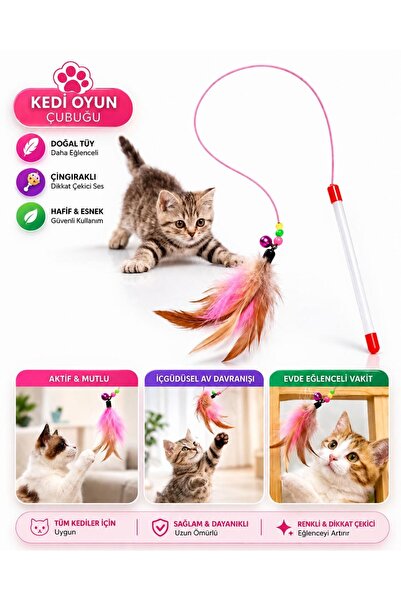 HAYHAYPETSHOP Kedi Oyuncak Çubuğu Tüylü Çıngıraklı İnteraktif Kedi Oltası Oyu...