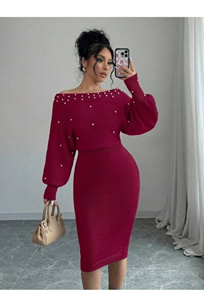 Iuliashop Rochie midi tricotată Monalisa Grena cu perle - L