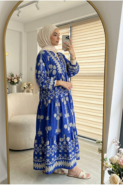 Kirazca Butik Women's Bohemian Patterned Layered Long Sleeve Hijab Dress