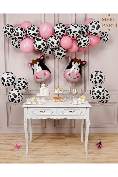 MERİ PARTİ Pink Farm Themed Cow Pattern Balloon Chain Birthday Party Set Birt...