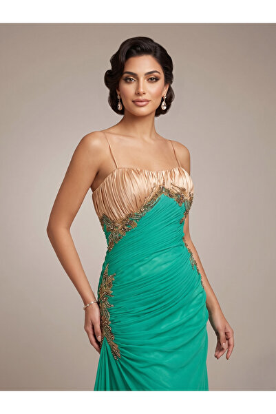 ASIAN Bowknot Dress Evening Gown in Luxurious Gold Appliqué Chiffon Fabric wi...