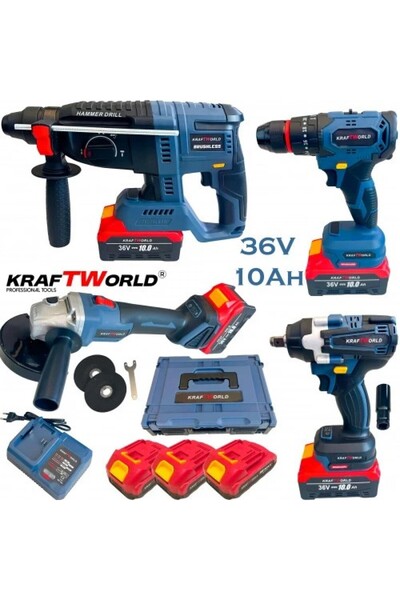 KRAFTWORLD Trusa 4 Scule PowerMax 36V 10Ah, Flex 125MM, Pistol de impact 850N...