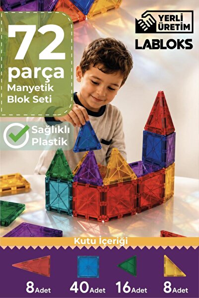 LABLOKS Manyetik Yapı Blokları –mıknatıslı manyetik bloklar - Çocuklar Için Eğitici Oyuncak 72 Parça Manyetik Karo Oyun Seti - Steam