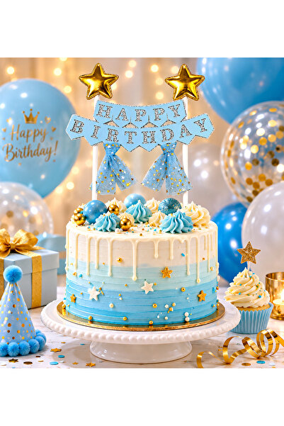DODOMAR Pasta Üstü Çubuklu Happy Birthday Yıldızlı Tüllü Mavi Süs Doğum Günü ...