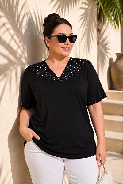FOR ESRA BIG TREND Women's Black Plus Size Crystal Stone Pearl Detailed V-Nec...