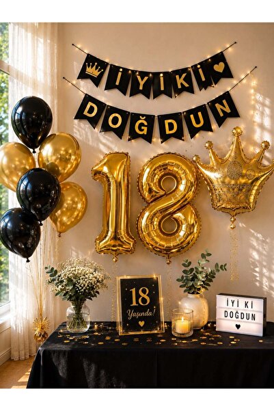 Parti Adresi 18 Yaş Doğum Günü Dekorasyon Seti – Balonlu Parti Seti Siyah Altın