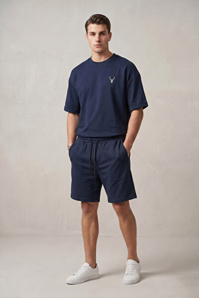 nacar çarşı Men's Navy Blue Oversize T-Shirt and Shorts Two-Piece Set