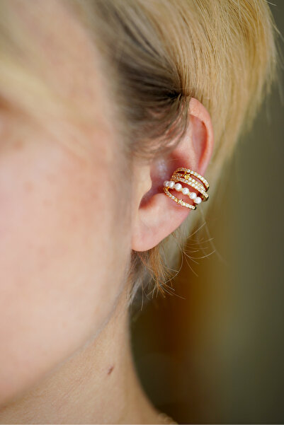 BIJUTERI İnci Detaylı Zirkon Taş İşlemeli Çoklu Ear Cuff/Kıkırdak Küpe