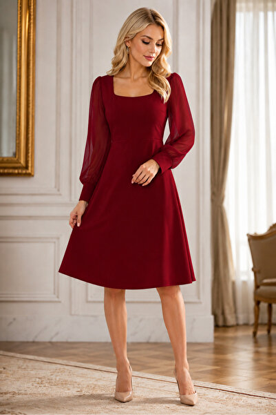 IŞILTI Women's Square Neck Tulle Sleeves Princess Cut Special Design Burgundy...
