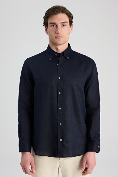 D'S Damat Ds Damat Comfort Navy Blue Plain 100% Linen Shirt