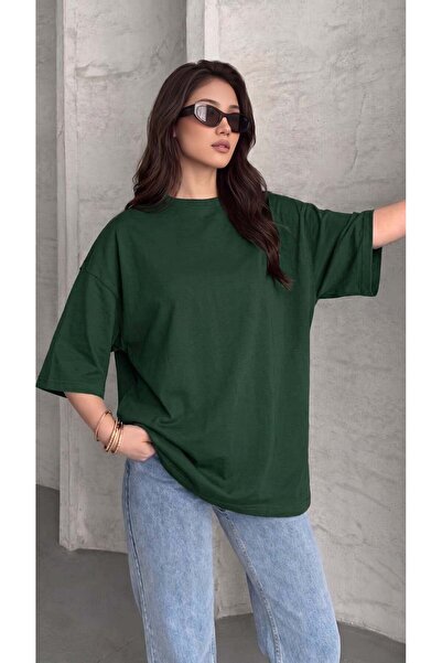 VACHT Kadın Oversize Salaş Tişört Basic Düz Baskısız Nefti