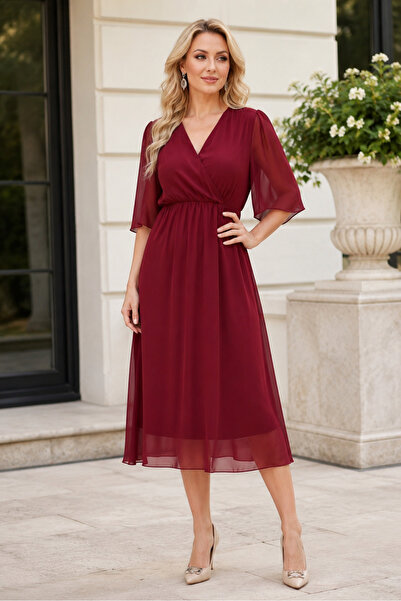 IŞILTI Women's Double Breasted Collar Half Sleeve Lined Burgundy Midi Chiffon...