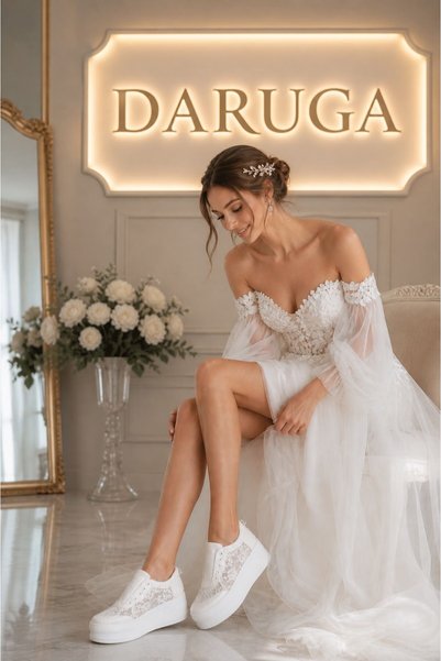 DARUGA Lace Detailed Bridal Sneaker with White Ribbon Laces, Comfortable Wedd...