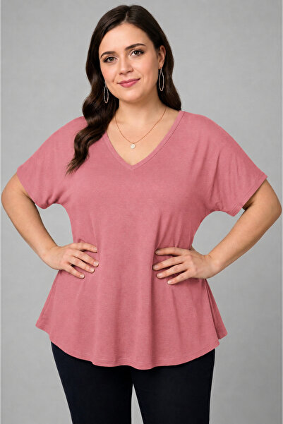 Curvy Trend Plus Size V-Neck Short Sleeve Wide Hem Blouse