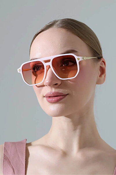 Violon Women's Oversize Pink Frame Gradient Glass Gold Handle Sunglasses