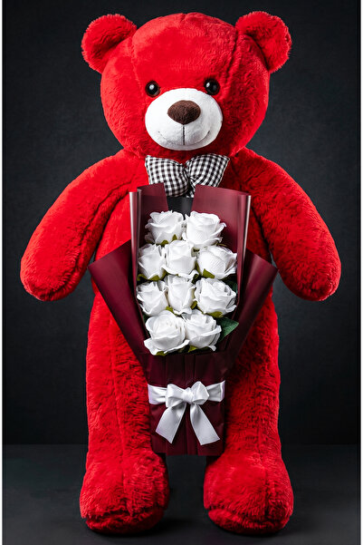lenostra Red Plush Teddy Bear with Burgundy Bouquet and White Rose Gift for L...