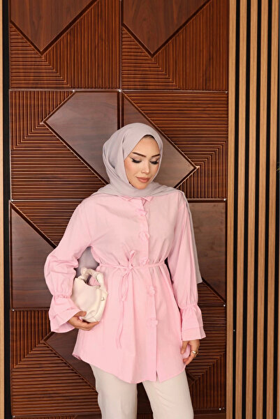 DEFNECE BUTİK Floral Detailed Piping Belted Shirt - Pink
