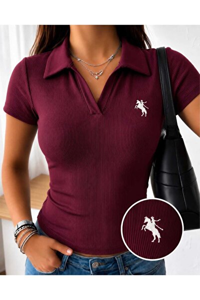 RİEMA Women's Polo Collar Embroidered Flexible Fitted Summer Ribbed Cotton Bu...